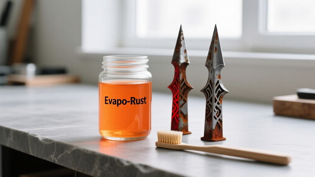 Small glass jar of Evapo-Rust solution next to a pair of rusted steel gothic spikes and a soft-bristled toothbrush on a workbench.