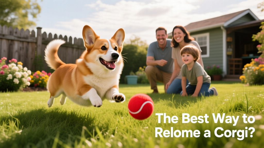 A joyful Corgi playing fetch in a grassy backyard with her new family