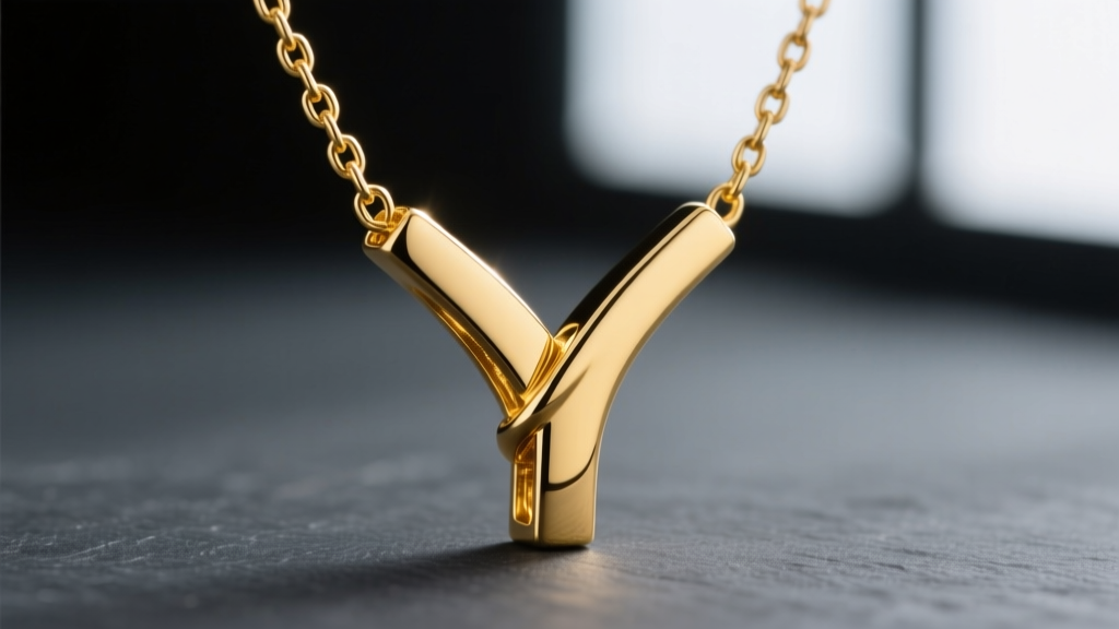 Macro shot of a 14k yellow gold Y-shaped necklace junction highlighting the laser-welded connection on dark slate.