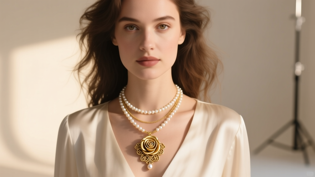 Woman wearing a layered stack with a vintage gold Krementz rose pendant and a delicate modern pearl chain in soft lighting