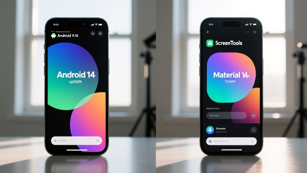 Side-by-side comparison of a genuine Android 14 update screen and the ScreenTools simulator showing identical Material You typography