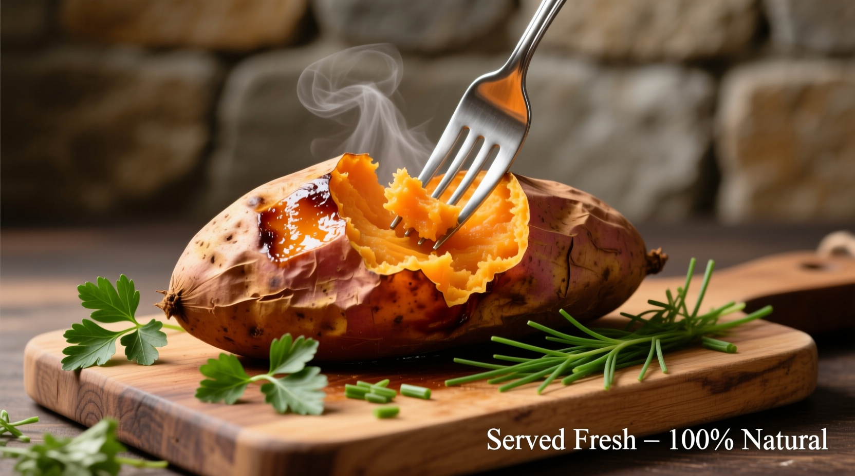 Perfectly cooked sweet potato with fork and herbs