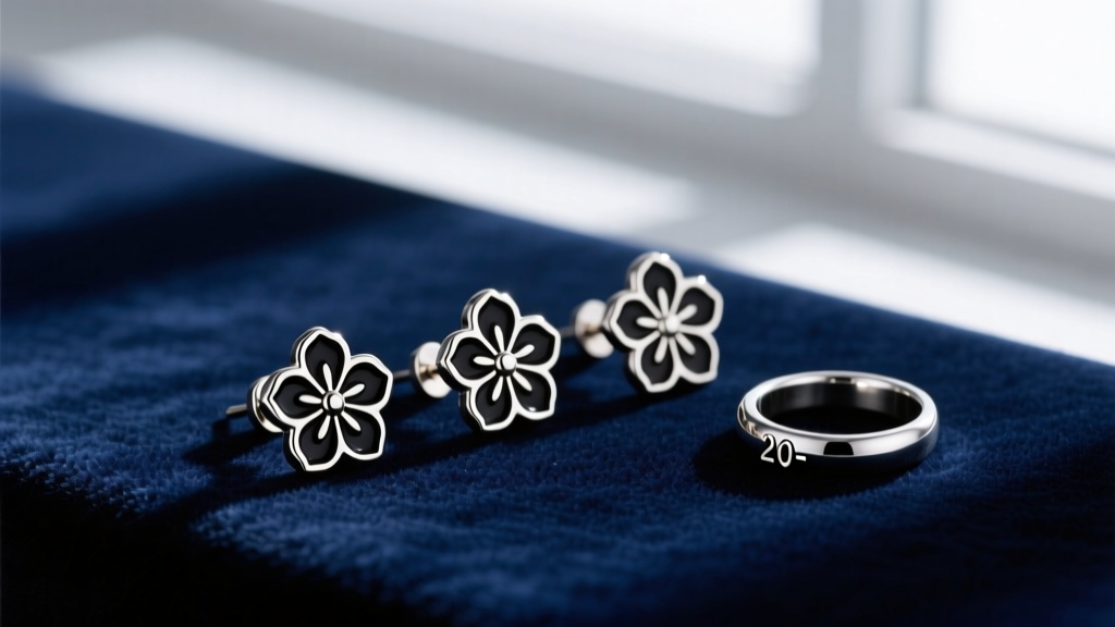 Macro shot of 316L surgical steel Hanafuda earrings with black enamel, resting on velvet next to a silver 20-gauge sizing ring.