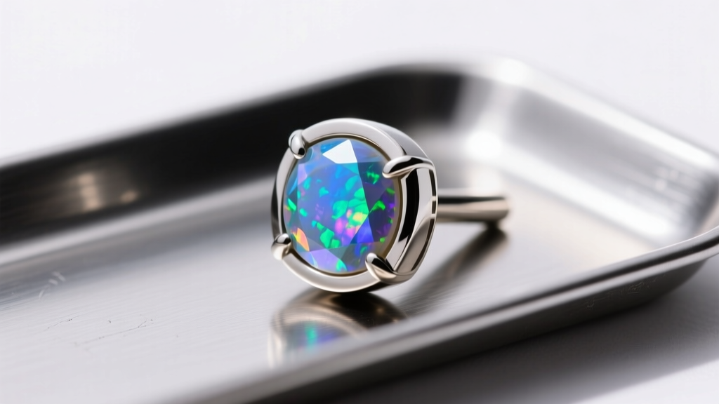 Macro photography of an ASTM F-136 titanium flat back labret with a bezel-set opal, resting on a sterile surgical steel tray.
