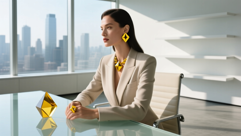 Woman wearing mustard-yellow borosilicate glass geometric studs while sitting at a desk in a bright, modern corporate office