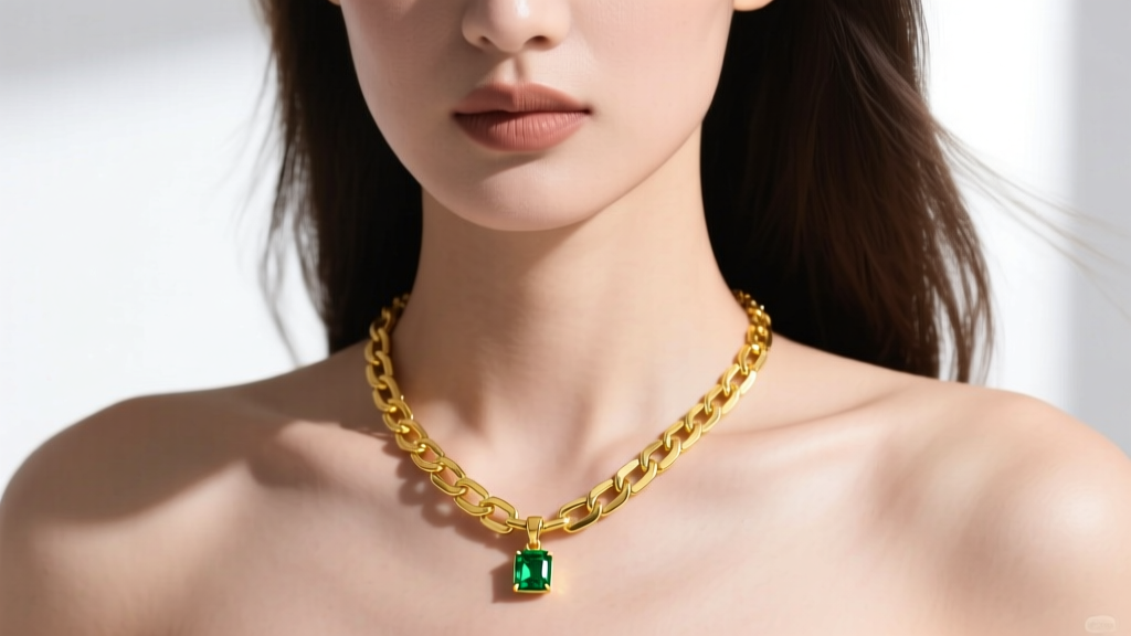 A delicate 18-inch gold vermeil yellow brick road chain necklace featuring a small emerald green gemstone pendant on a model.