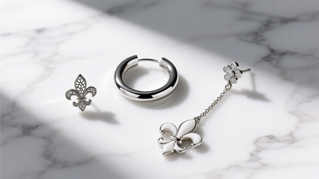 Flat lay of three fleur de lis earring styles including a small stud, medium huggie hoop, and elongated dangle on white marble