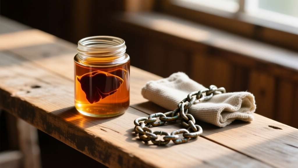 Glass jar of liver of sulfur gel beside a polishing cloth and an oxidized silver chain resting on a wooden jeweler's workbench.
