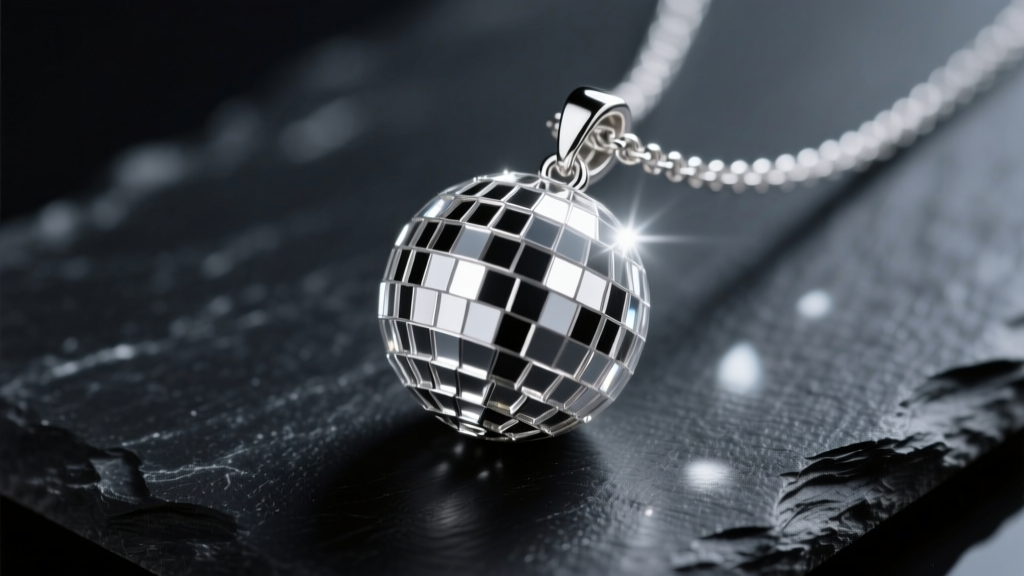 Macro shot of a sterling silver disco ball necklace pendant reflecting studio lights on dark slate, high contrast jewelry photography.