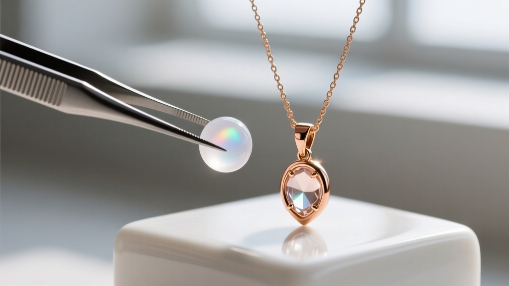 Tweezers holding a translucent silicone tension bead next to a 14k rose gold Y-necklace drop on a white ceramic jeweler's tray.