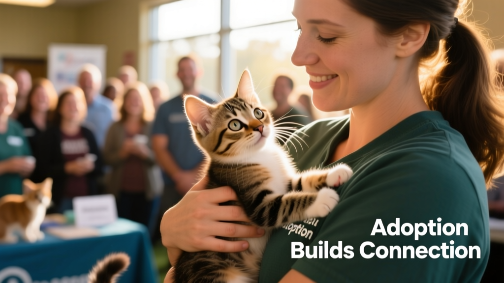 A shelter volunteer gently holding a calm, curious kitten during a meet-and-greet event