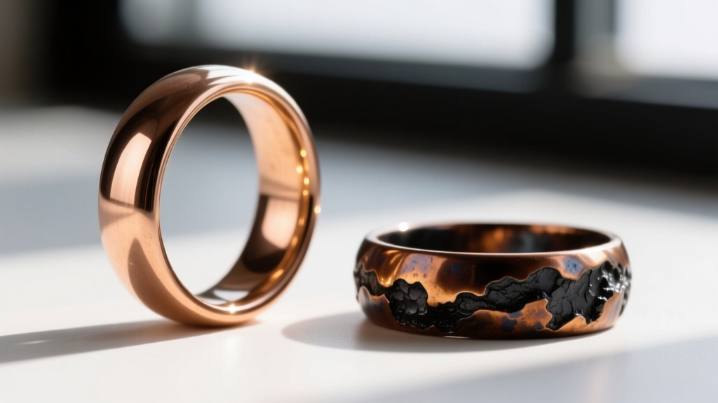 Side-by-side view of a polished copper ring and one treated with liver of sulfur, showing deep brown and black antiqued patina