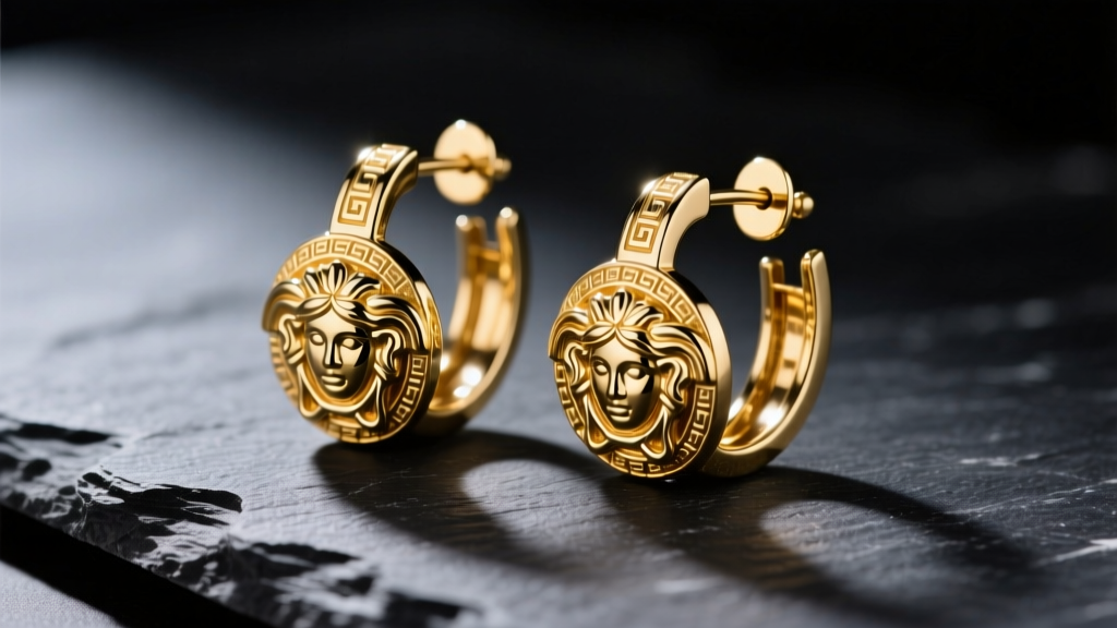 Macro shot of authentic gold-tone Versace hoop earrings with Medusa motif on dark slate, side-lit to highlight plating and hinge