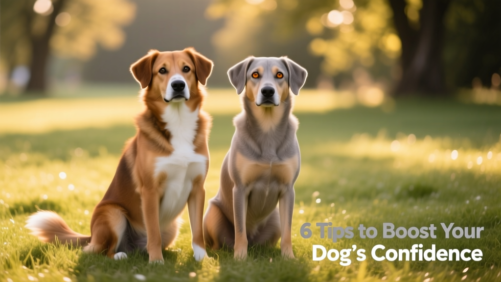 Two friendly dogs sitting side-by-side on grass, relaxed postures, gentle eye contact, no tension in bodies