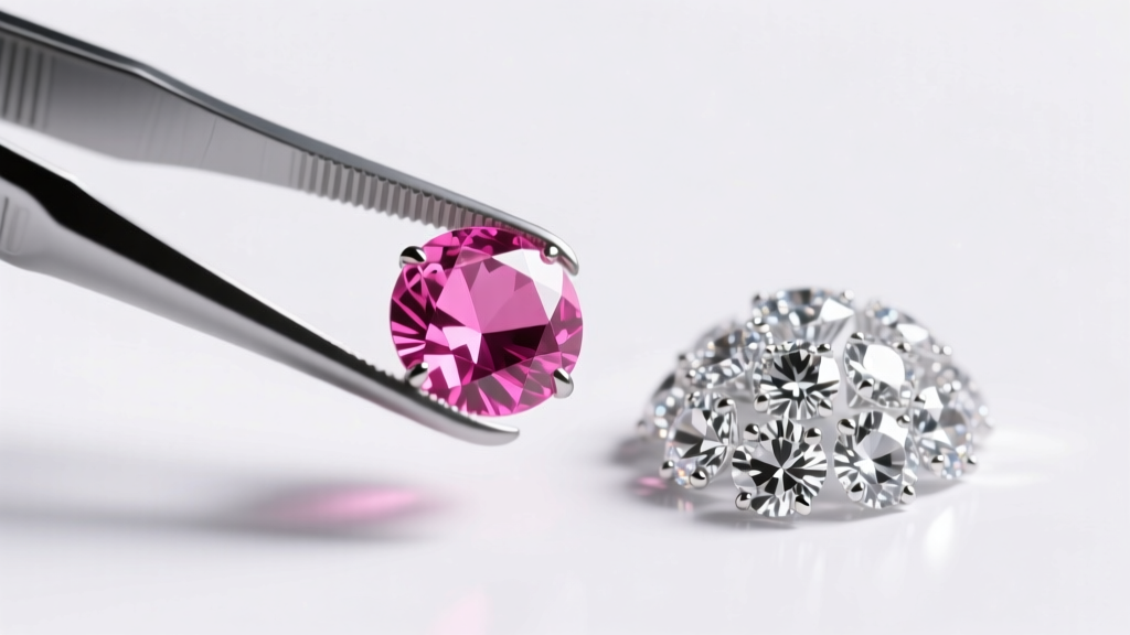 Macro shot of tweezers holding a vivid pink sapphire next to diamond melee under bright daylight-equivalent gemological lighting.