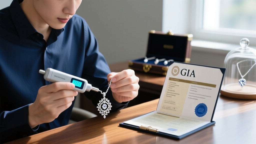 Jeweler using a thermal diamond tester on a platinum pendant necklace, with a GIA grading certificate visible on the desk nearby.