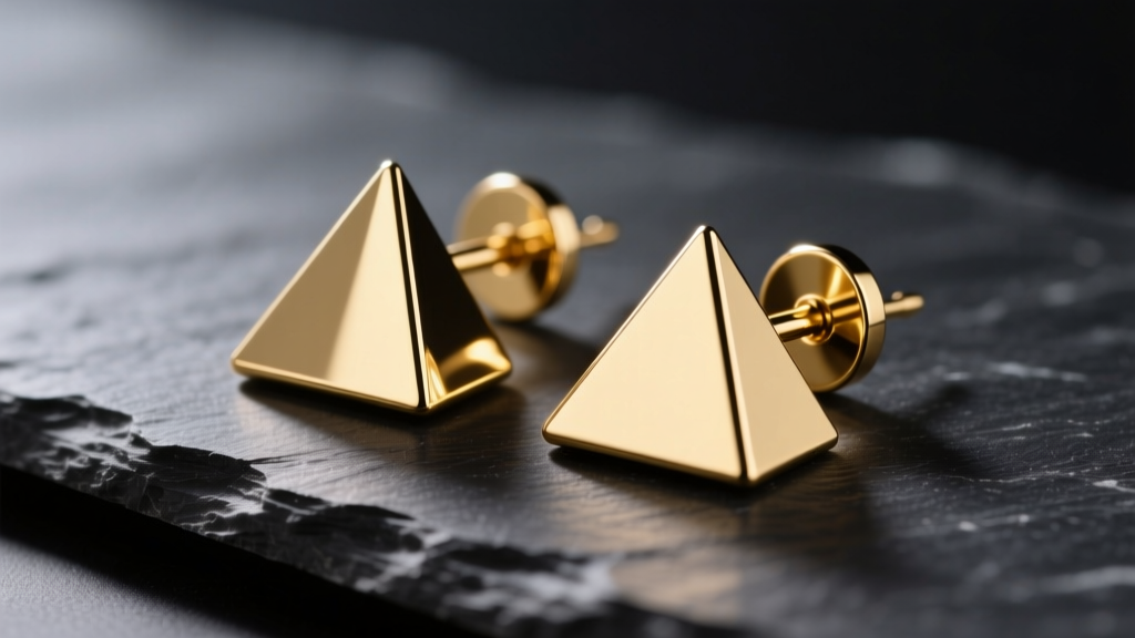 Crisp 14k gold pyramid stud earrings on dark slate, highlighting sharp geometric edges and a highly polished reflective apex.