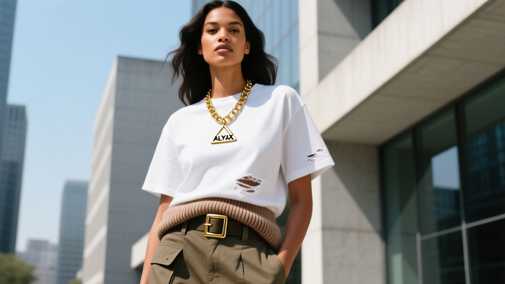 Model wearing layered streetwear outfit with gold ALYX buckle necklace over white oversized tee, shot in bright natural daylight.