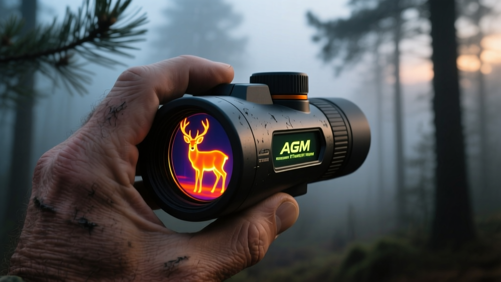 Close-up of a hand holding an AGM Rattler thermal monocular, displaying a glowing heat signature of a deer in the woods.