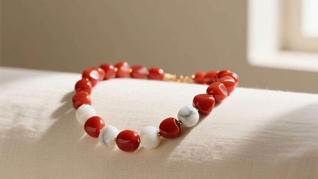Vivid red carnelian and matte white howlite bead necklace on cream linen, lit by soft natural window light.
