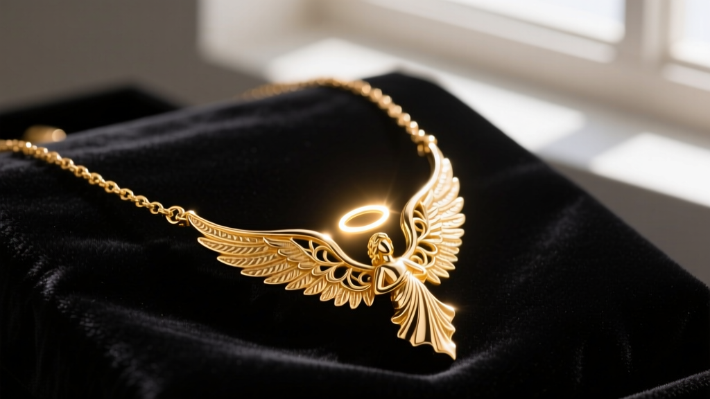 Close-up of a solid 14k gold archangel necklace featuring intricate wing detailing and a glowing halo, resting on dark velvet