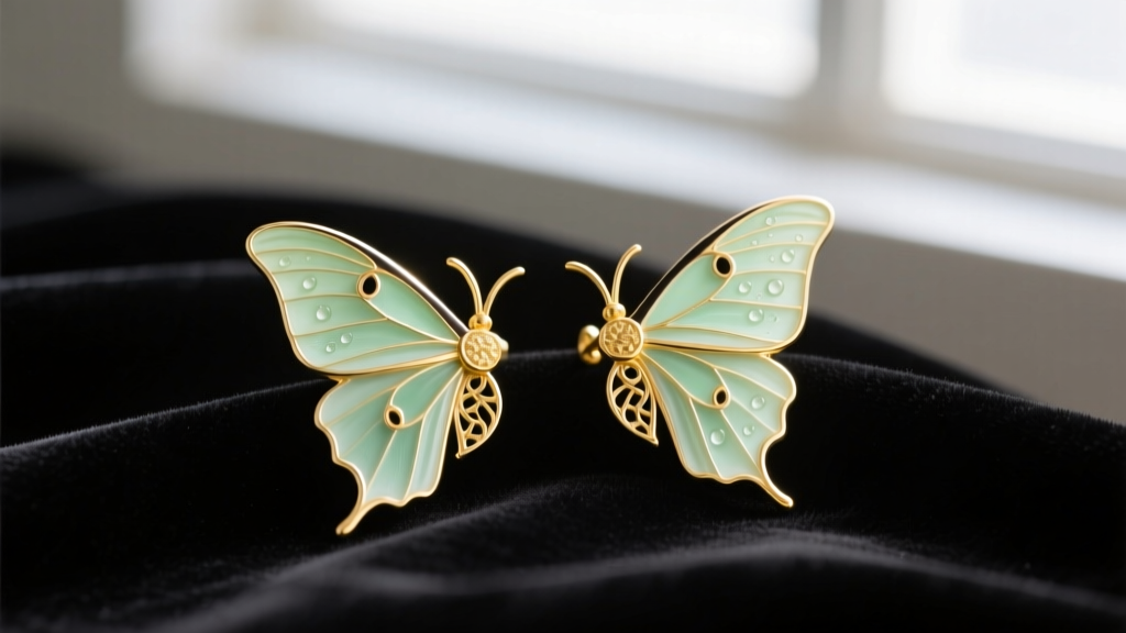 Close-up of 14k yellow gold luna moth earrings with pale green enamel wings, resting elegantly on dark velvet fabric in soft light