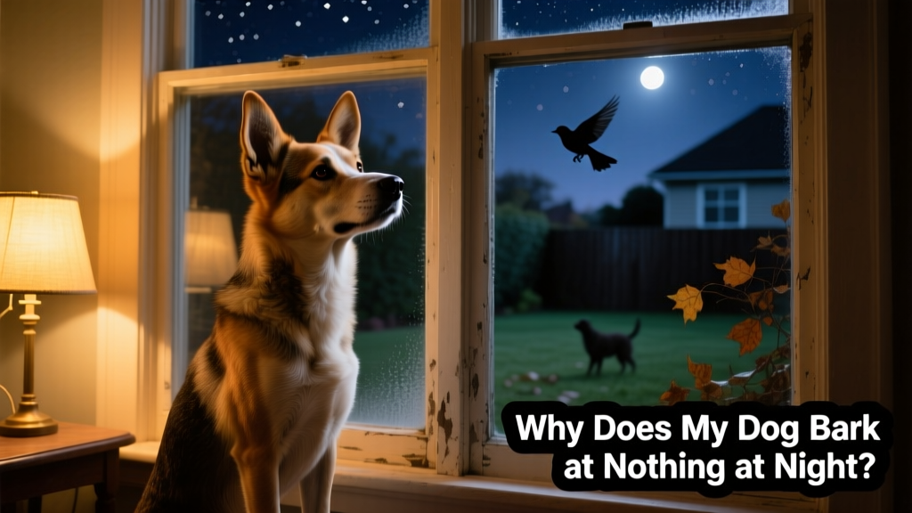 A dog standing alert by a window at night, ears perked and eyes focused on something outside