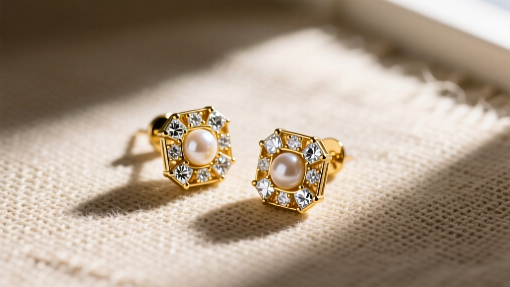 Flat lay of gold-plated stud earrings with cubic zirconia and pearl inlays on textured linen, photographed from directly above.