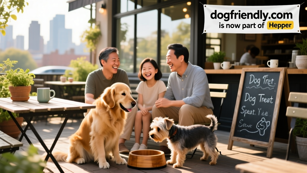 Family with two dogs enjoying a pet-friendly café patio
