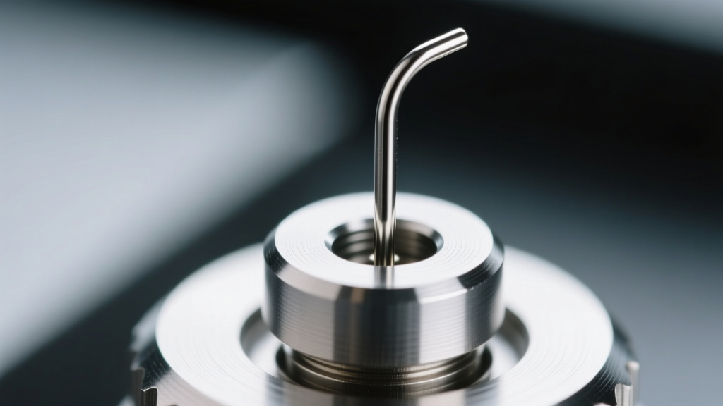 Extreme close-up of a threadless push-pin rod earring mechanism, showing the bent pin inserting into a hollow titanium post.