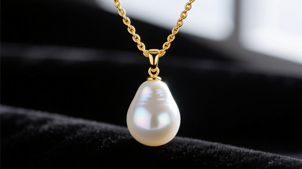 Close-up of a 15mm pear-shaped white South Sea pearl pendant on an 18k yellow gold rope chain against dark velvet background