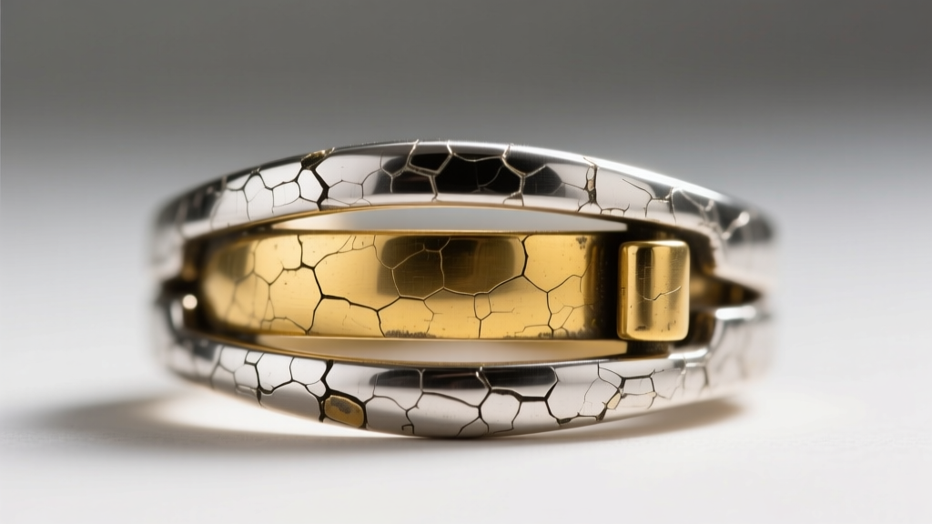 Macro shot of a scratched jewelry clasp revealing a yellow brass core beneath a thin flaking silver stainless steel metal coating