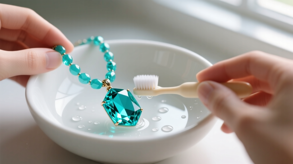 Hands cleaning a turquoise chunky pendant necklace using a soft baby toothbrush and mild soapy water inside a small ceramic bowl.