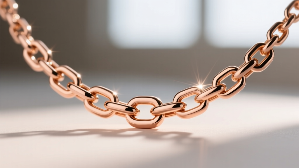 Close-up of a VCA necklace chain link structure highlighting the precise laser soldering and polished finish of the 18k rose gold