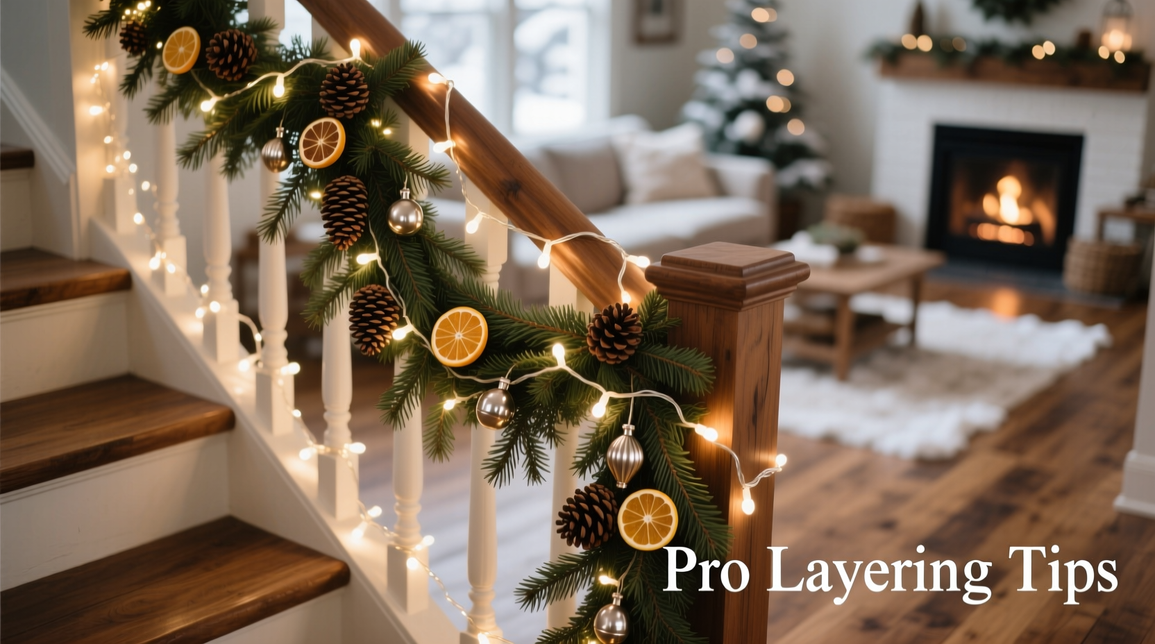 how to layer garland and lights on stair railings like a pro