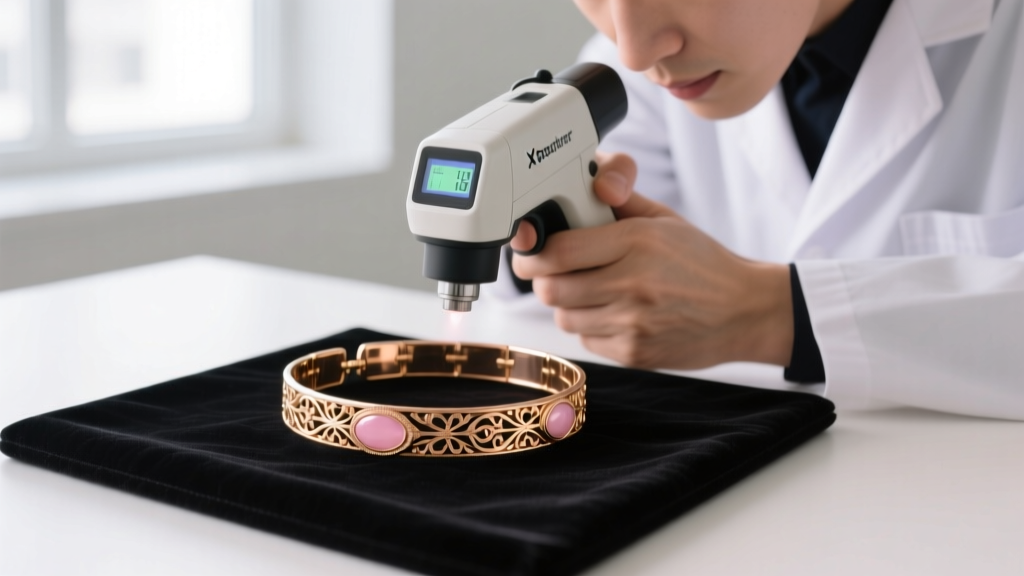 Jeweler using an XRF spectrometer gun to test the exact karat purity of a vintage 18k rose gold bracelet on a black velvet mat.