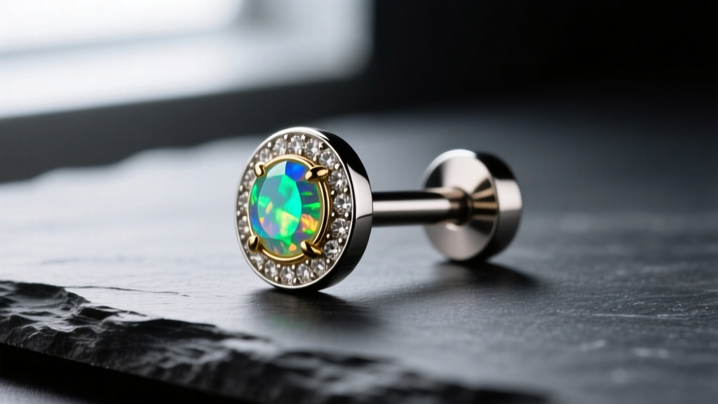 Close-up of a 16-gauge ASTM F136 titanium threadless labret stud with a small bezel-set opal, resting on a dark slate surface.