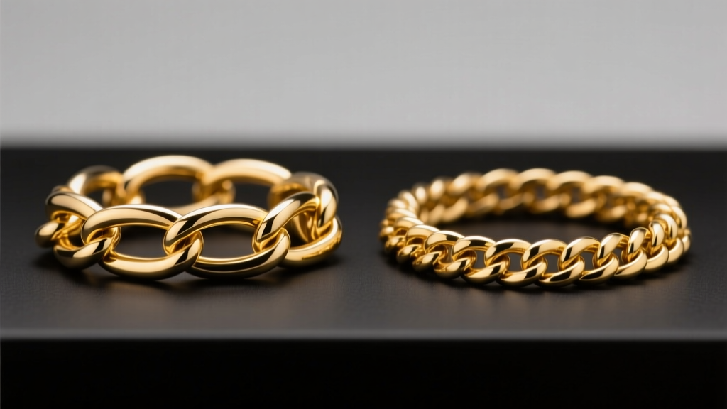 Cross-section of a hollow electroformed gold chain beside a solid cast gold chain, highlighting the difference in wall thickness