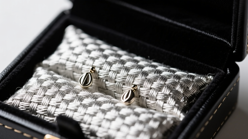 Close-up of anti-tarnish silvercloth lining in a leather earring box, showing woven fabric texture under bright studio lights.
