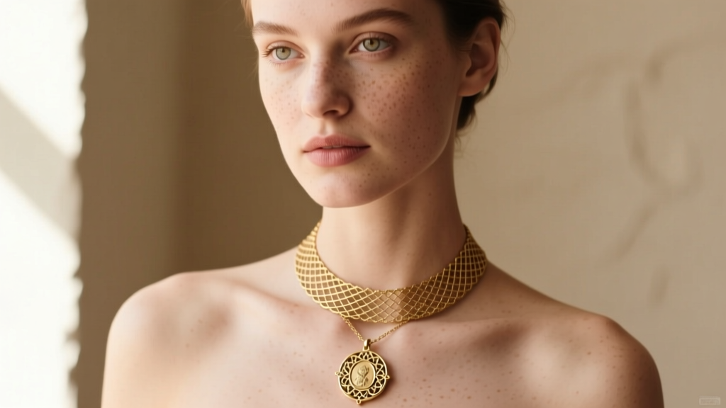 Woman wearing a vintage gold mesh necklace with a medallion pendant, photographed from the collarbone up in soft natural daylight.