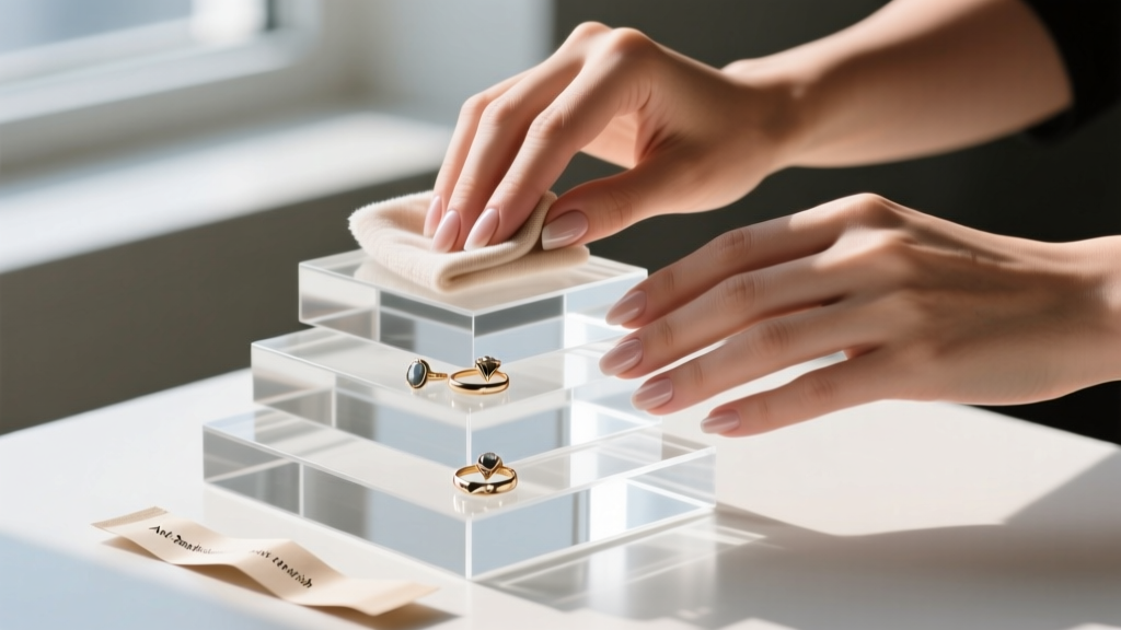 Hands using a microfiber cloth to wipe the acrylic tiers of a stackable ring jewelry holder, with anti-tarnish paper strips nearby