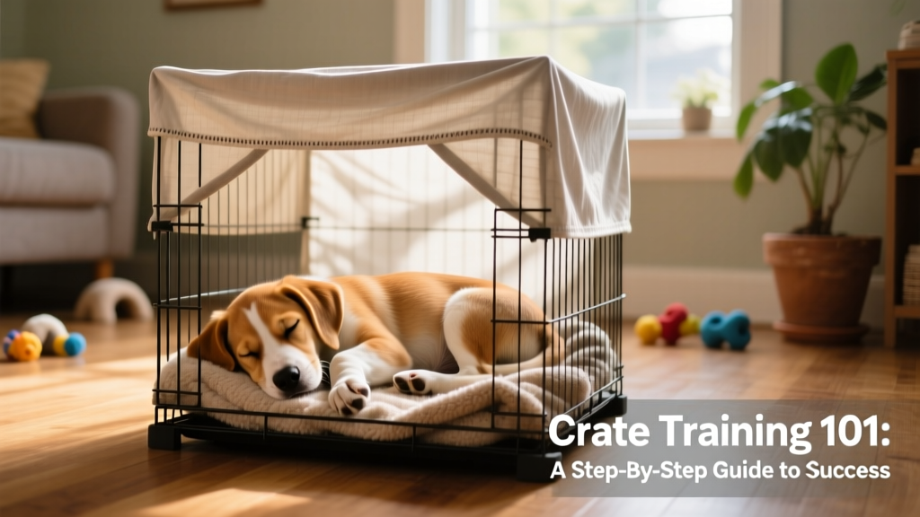 A relaxed, crate-trained puppy napping peacefully inside a covered wire crate