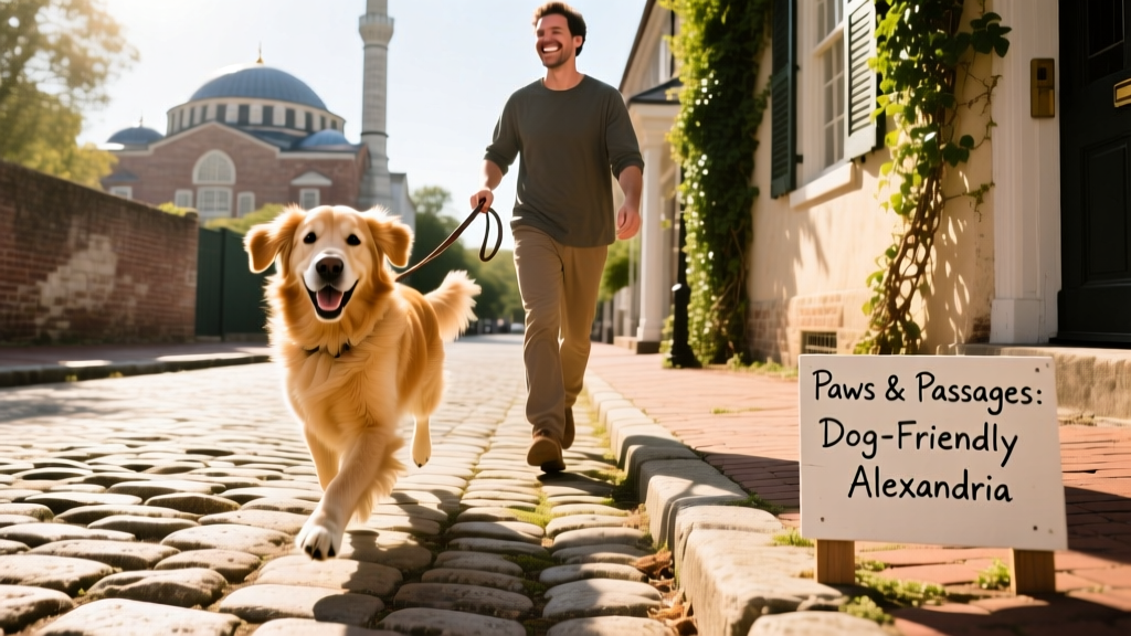 A cheerful dog walking alongside their owner on a sunny cobblestone street in Old Town Alexandria