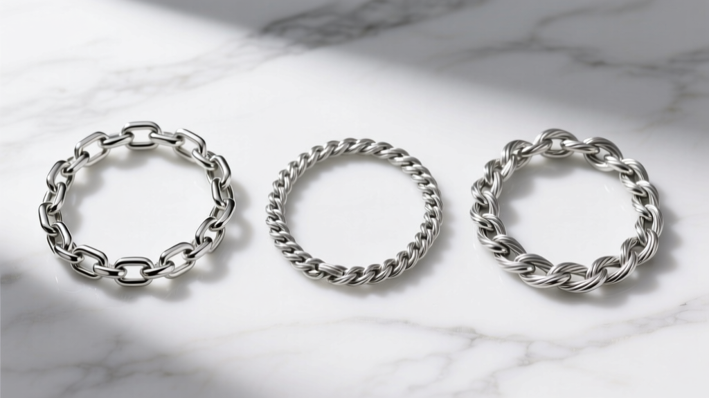 Three silver chain styles including a box chain, rope chain, and cable chain laid side-by-side on marble for easy comparison