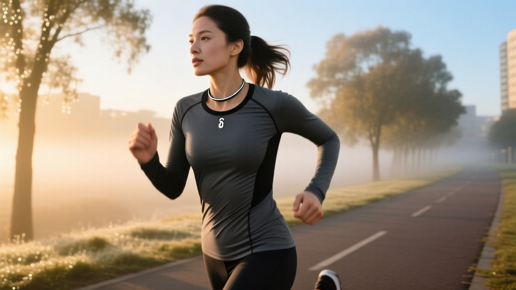 Side profile of a runner wearing a matte black titanium health i necklace over a grey compression shirt during an early morning run