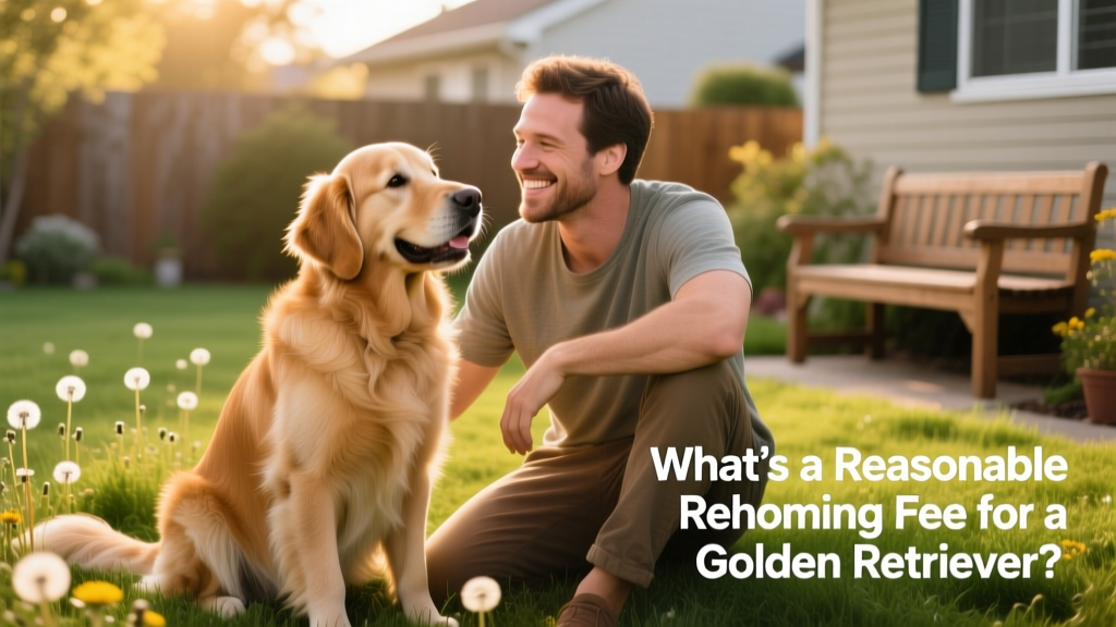 A friendly, well-groomed Golden Retriever sitting calmly beside a smiling adult