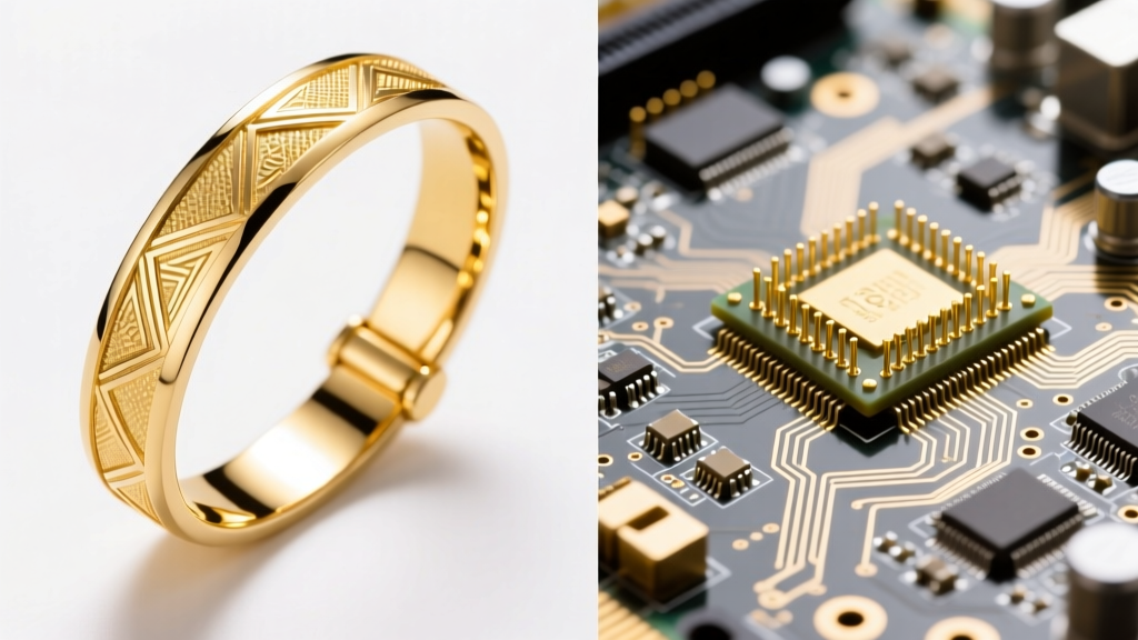Macro split-screen of an 18k gold bracelet and a computer motherboard with gold-plated pins under bright studio lighting.
