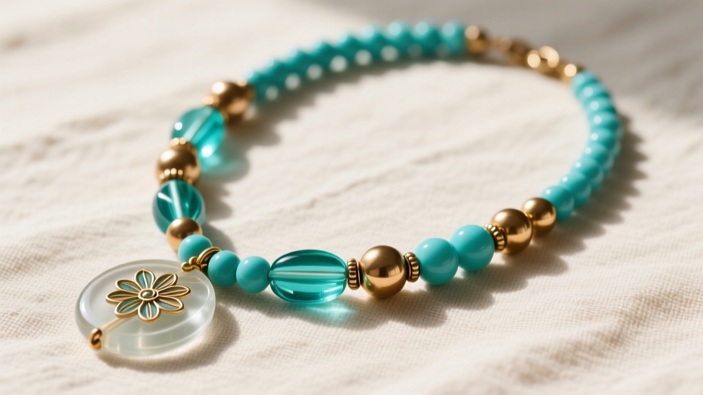 Flat lay of an eclectic Anthropologie beaded necklace featuring turquoise, brass beads, and a resin pendant on a linen background.