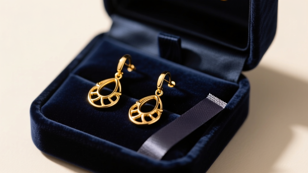 Gold drop earrings in a velvet jewelry box with a small dark anti-tarnish strip placed beside them under soft warm lighting.