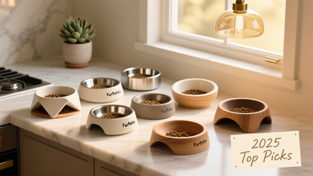Multiple FurPetVo slow feeder bowls arranged on a clean kitchen counter, showcasing variety in size, material, and design